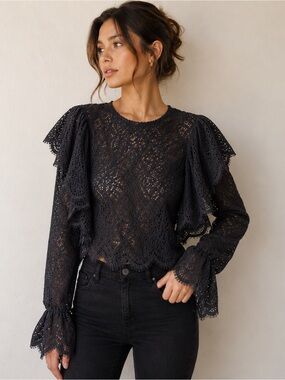 Zara Black Crochet Lace Ruffled Long-Sleeve Blouse